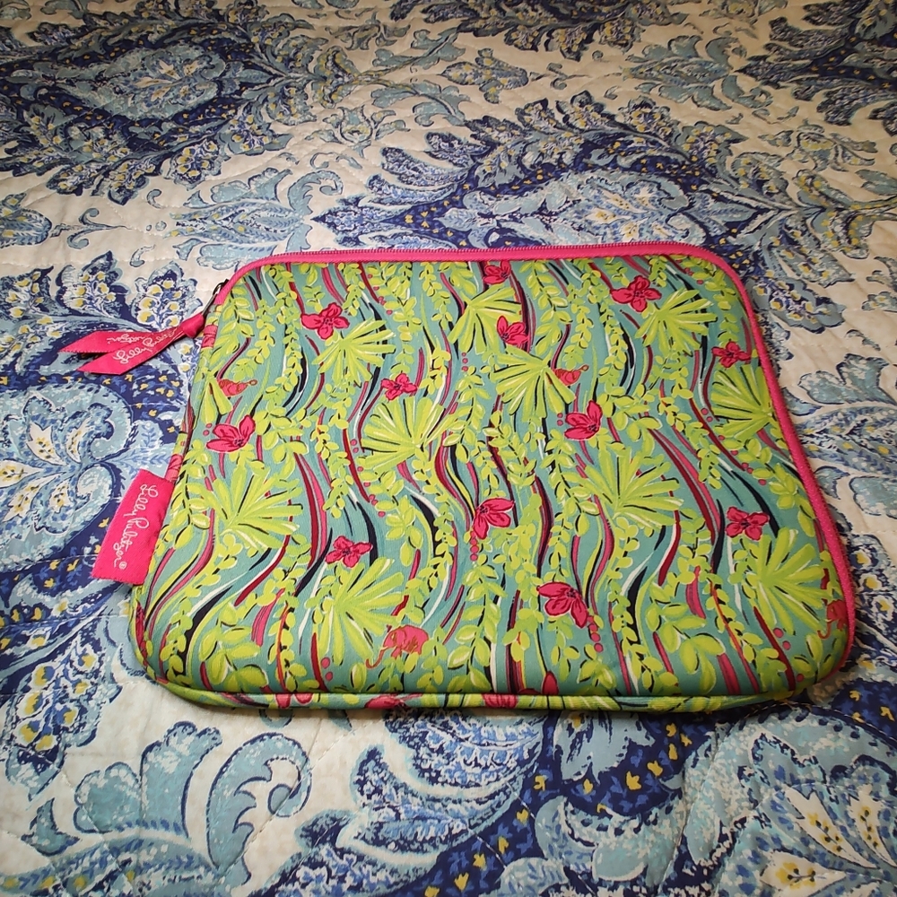 Lily Pulitzer Pink & Green Floral Print Foam Padded iPad Cover Zip Closure